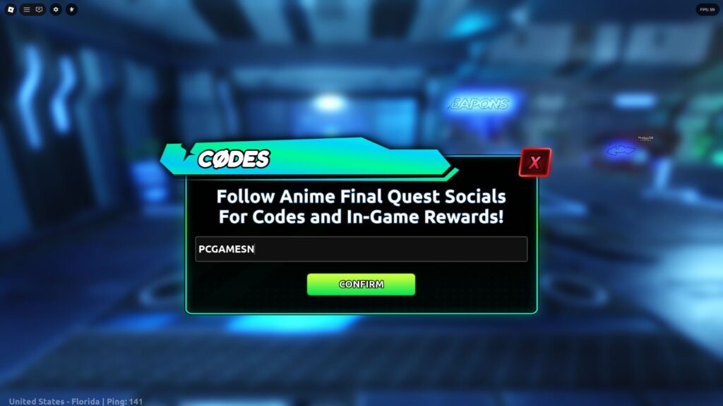 Redeeming codes in Anime Final Quest on Roblox.