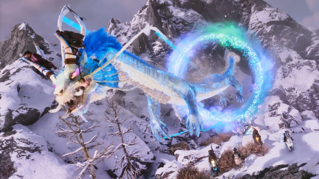 Ark Survival Ascended: A white and blue dragon appearing out of a circular portal