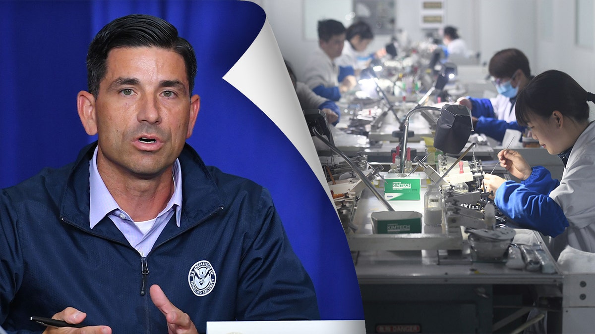 Former Homeland Security Secretary under Trump's first term, Chad Wolf, next to an image of a Chinese medical device manufacturing plant