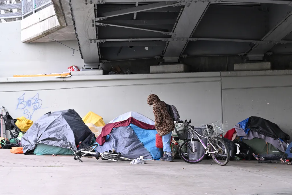 Homeless encampment under an overpass in Brighton Beach, Brooklyn.