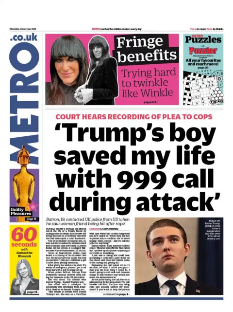The headline on the front page of the Metro reads: 
