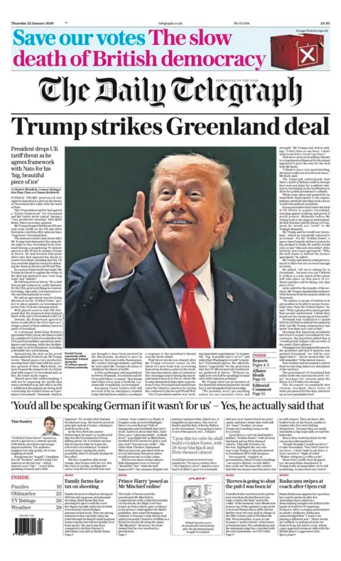 The headline on the front page of the Daily Telegraph reads: 