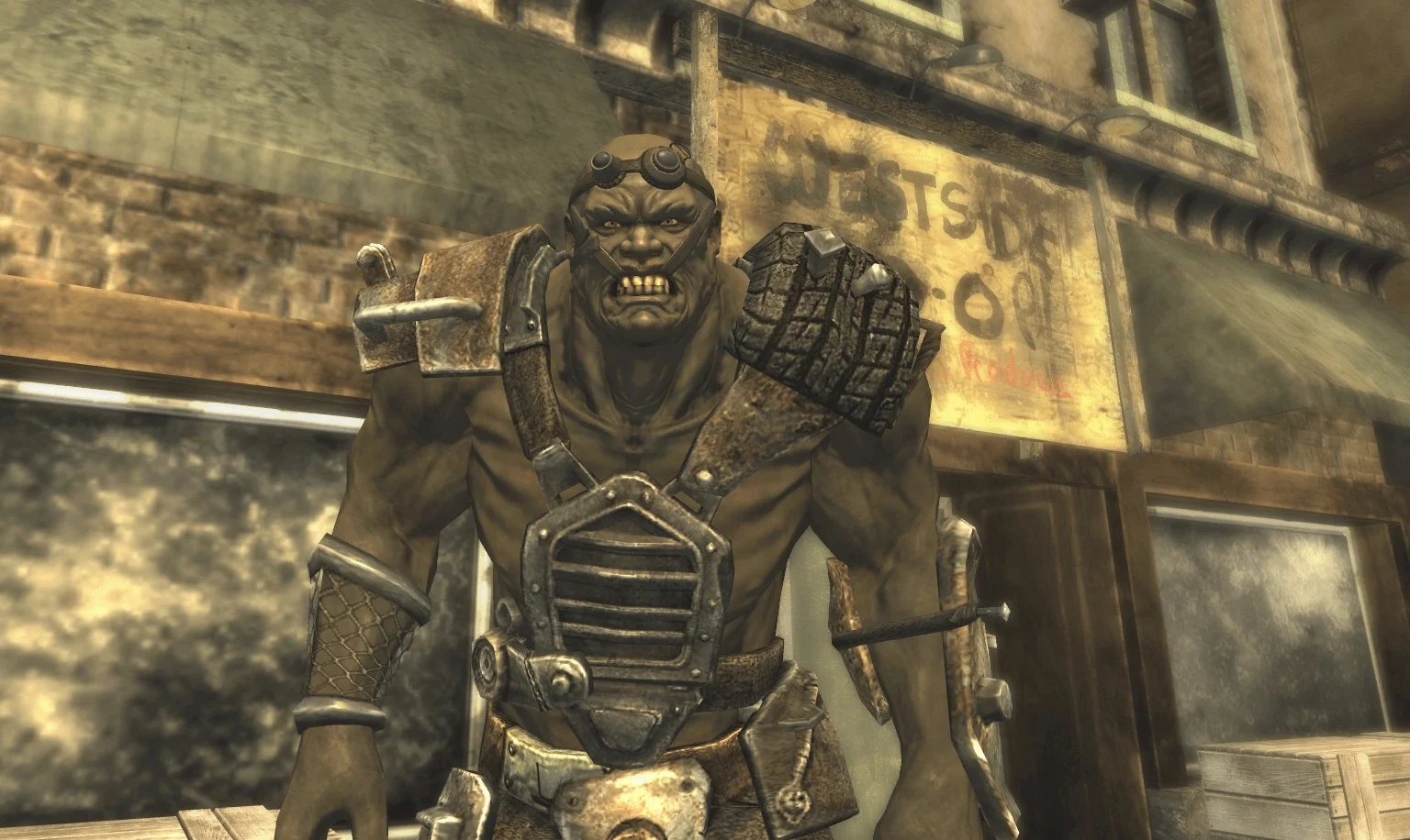 A menacing green Super Mutant approaches the player. 