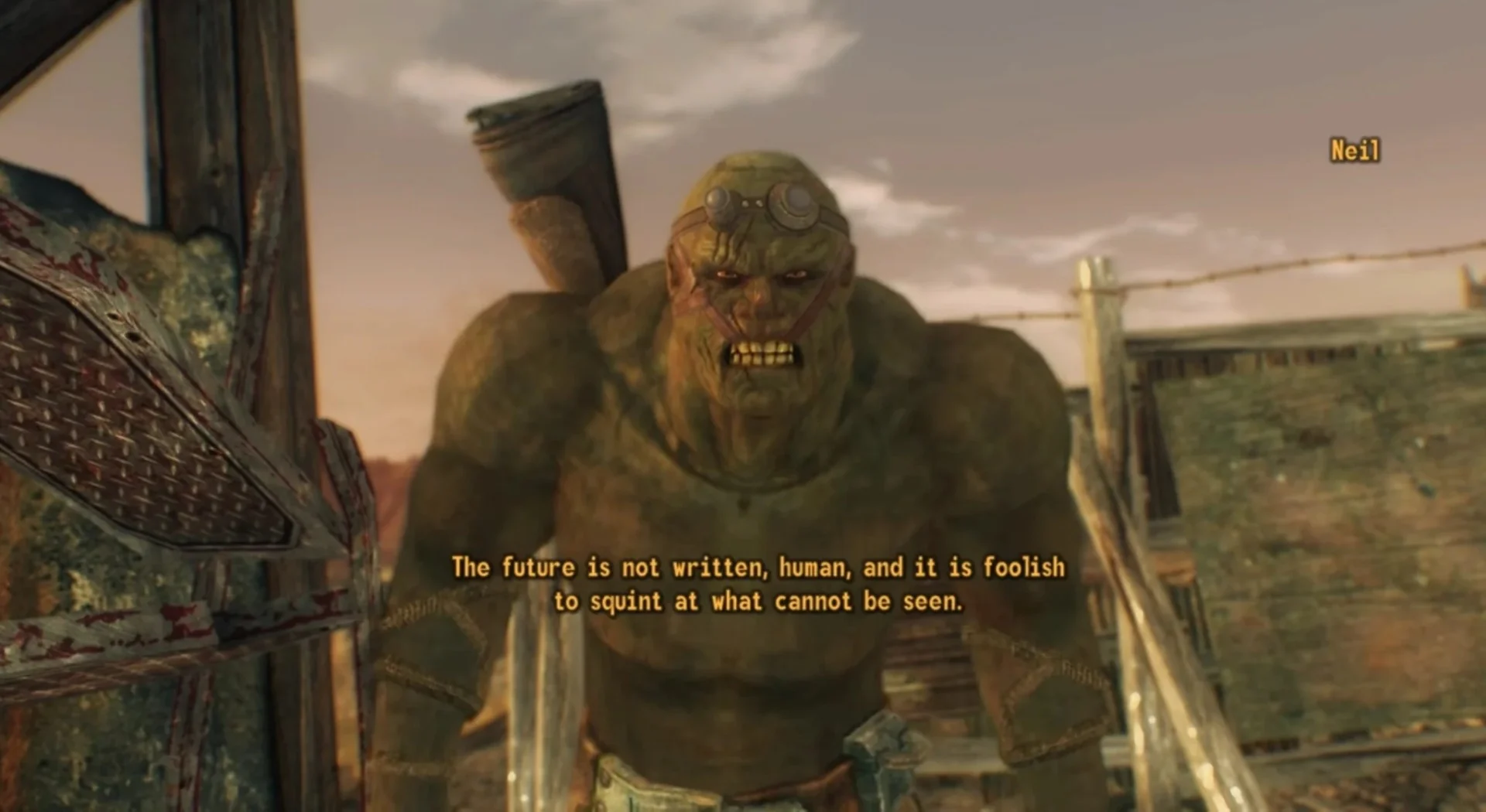 A Super Mutant engages in dialogue. 