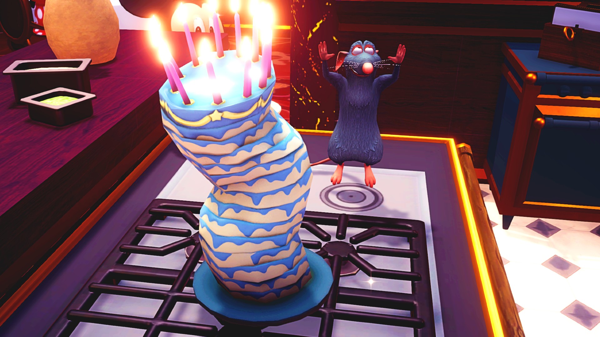 Disney Dreamlight Valley five star recipes: Aurora's cake, white sponge layered with blue icing, rests of the stove top, and remy celebrated your baking by jumping in the air.