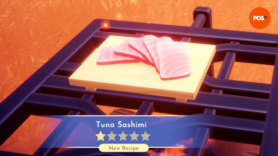 Dreamlight Valley Storybook Vale recipes: slices of tuna sashimi on a board.