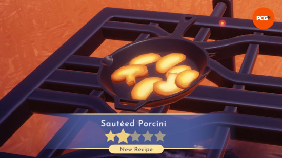 Dreamlight Valley Storybook Vale recipes: fried porcini mushrooms in a skillet.