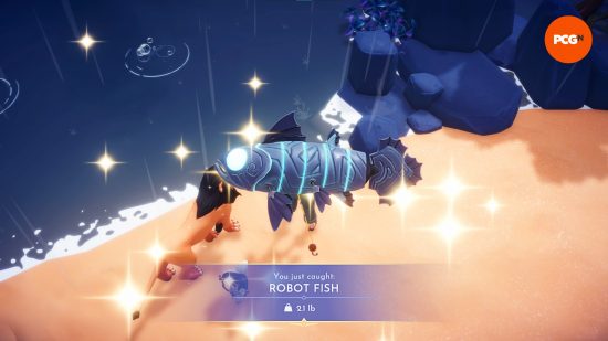 The Robot Fish, a strange, metallic ingredient for some of the Dreamlight Valley Eternity Isle recipes.