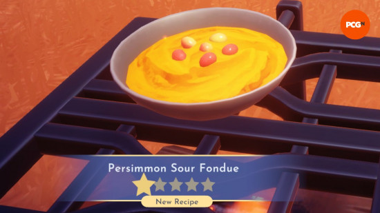 Dreamlight Valley Storybook Vale recipes: A yellow dish called Persimmon Sour Fondue.