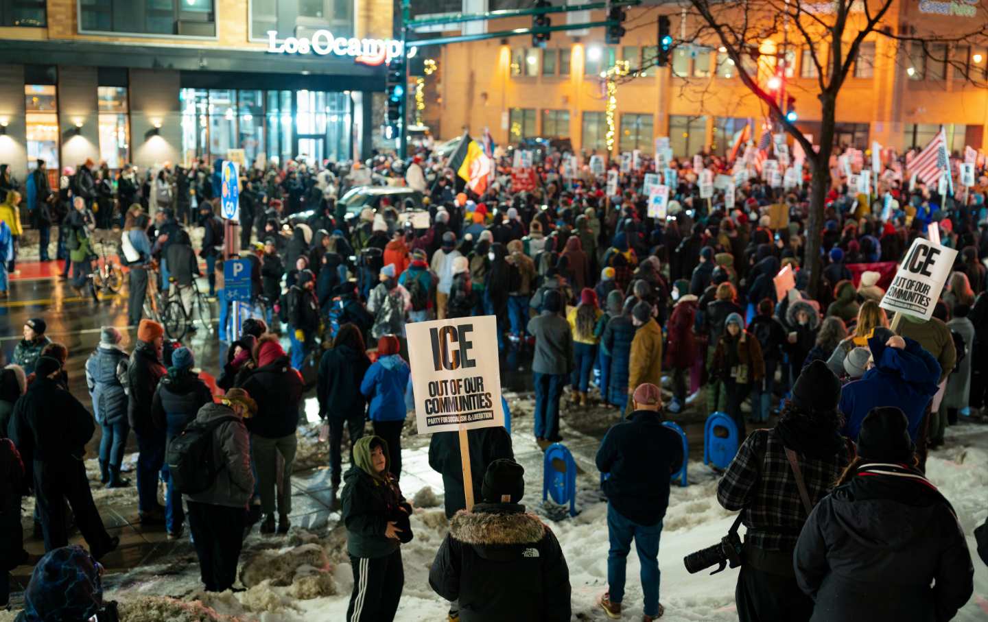 Demonstrators during a protest in Minneapolis on January 8, 2026. An ICE officer fatally shot a woman during a confrontation in Minneapolis, sparking an uproar over the presence of ICE agents in the city