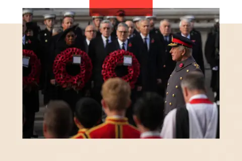 AFP via Getty Images Britain's King Charles III attends the Remembrance Sunday ceremony at the Cenotaph on Whitehall in central London

