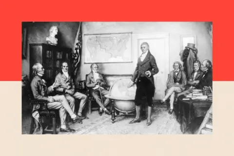 Getty Images A black and white artwork from circa 1823 shows then-US President James Monroe standing in front of a large globe, surrounded by fellow politicians wearing contemporary clothing