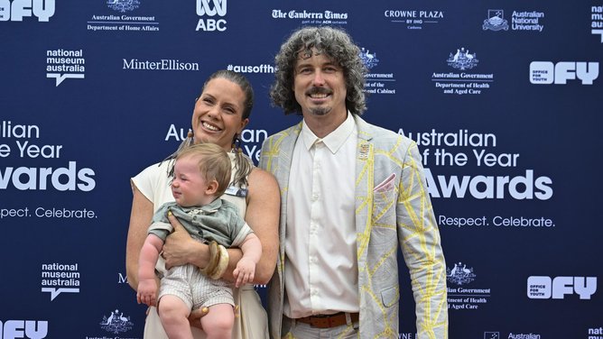 Frank Mitchell & Dr Kate Derry (wife) arrive for the awards ceremony at the National Arboretum, Canberra. Picture: NewsWire / Martin Ollman