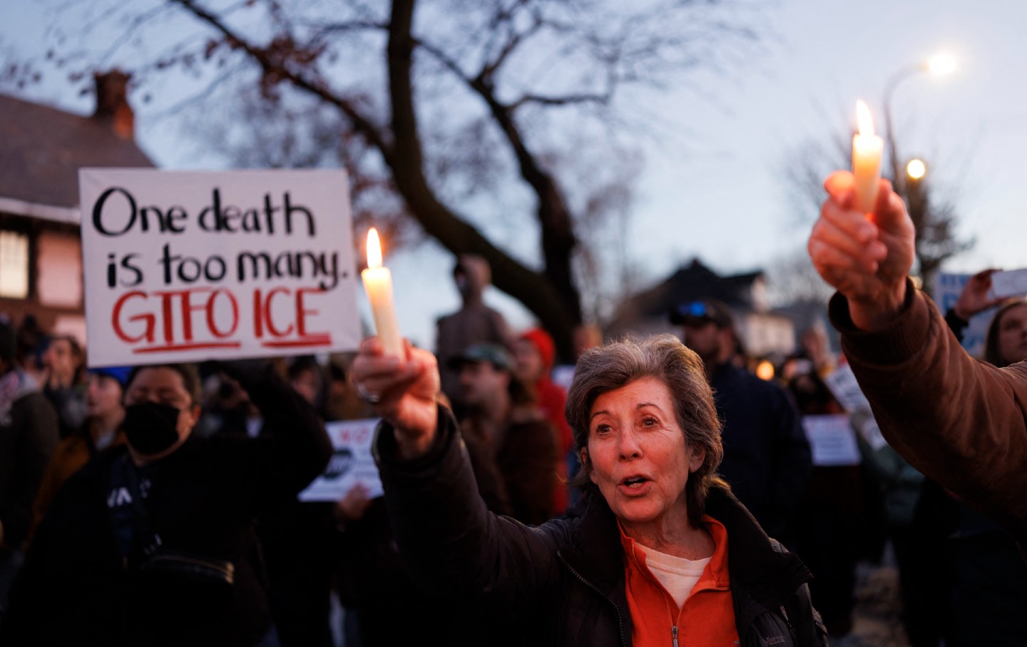 People demonstrate against ICE during a vigil honoring Renee Nicole Good, who was shot dead by an immigration officer earlier in the day in Minneapolis, Minnesota, on January 7, 2026.