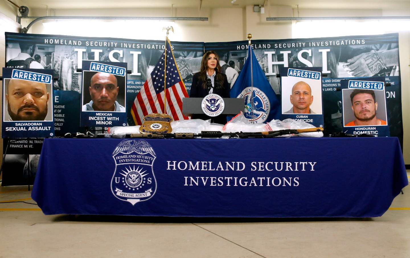 Department of Homeland Security Secretary Kristi Noem speaks during a press conference at a federal office building on October 20, 2025, in Bradenton, Florida.