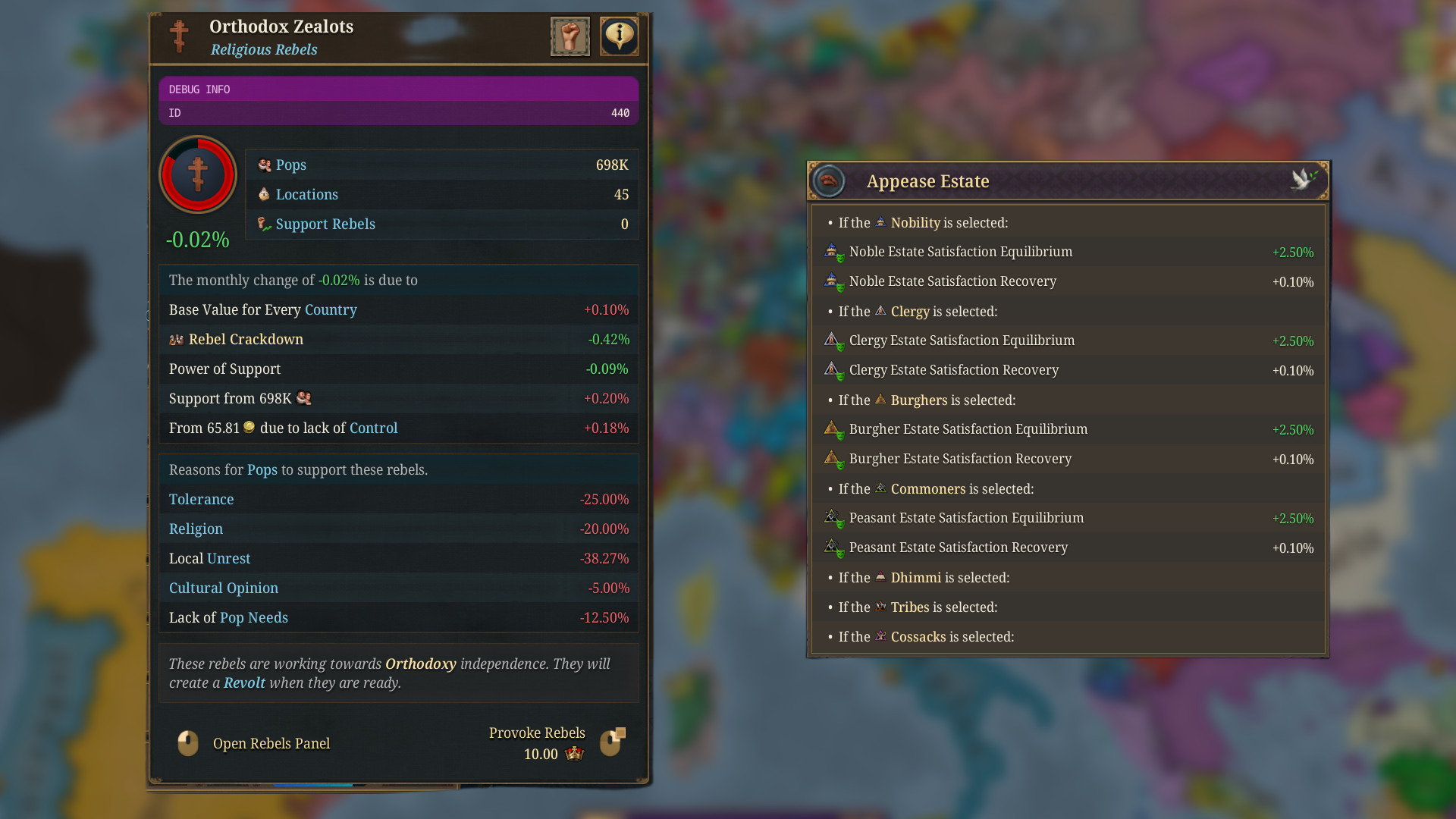Europa Universalis 5 update 1.1 - New options to incite rebels and appease estates.