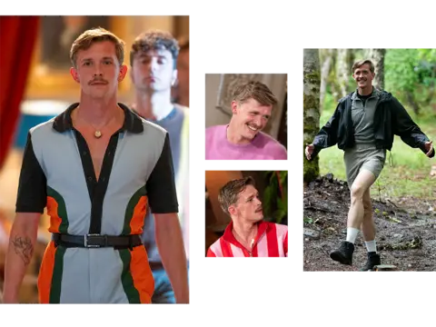 Four photos of Stephen in his various outfits including knitwear, tucked in shirt and a designer jumpsuit