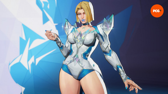 Marvel Rivals tier list: the blonde-haired Emma Frost wearing a white and blue, diamond-laden suit