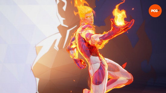 Marvel Rivals tier list: Human Torch, ablaze, in his white and blue Fantastic 4 suit