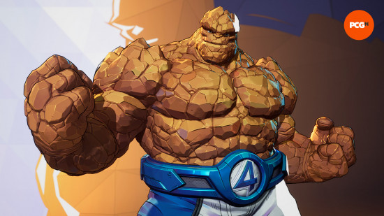 Marvel Rivals tier list: The Thing, a rocky man mountain, in blue and white Fantastic 4 trunks