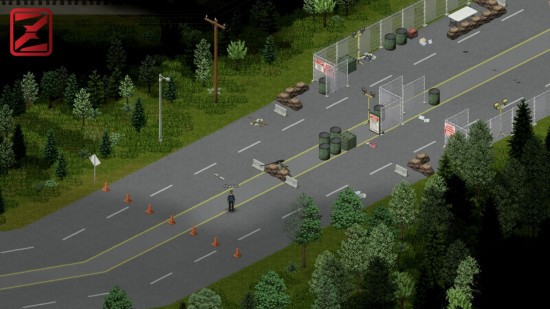 Project Zomboid mods: a birds eye view of a man standing on a road, just outside of a military outpost.