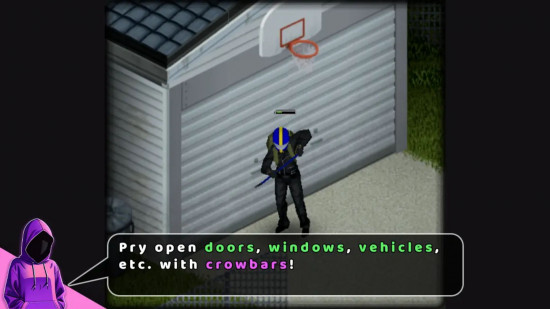 Best Project Zomboid mods: a person attempts to pry open a garage door with a crobar.