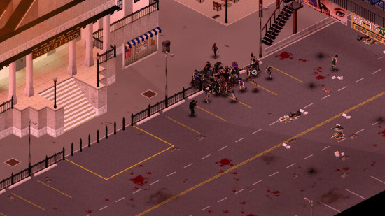 Project Zomboid mods: top down view of a mperson fighting off several zombies in a parking lot.
