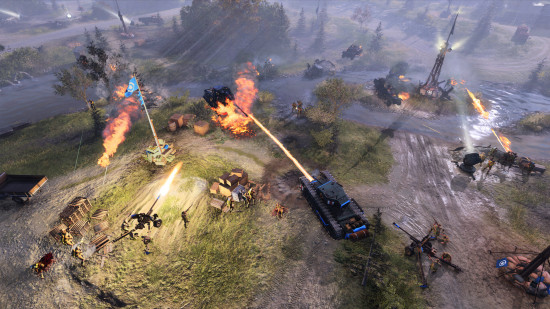 Best strategy games: a tank spews fire on the battlefield in Company of Heroes 3