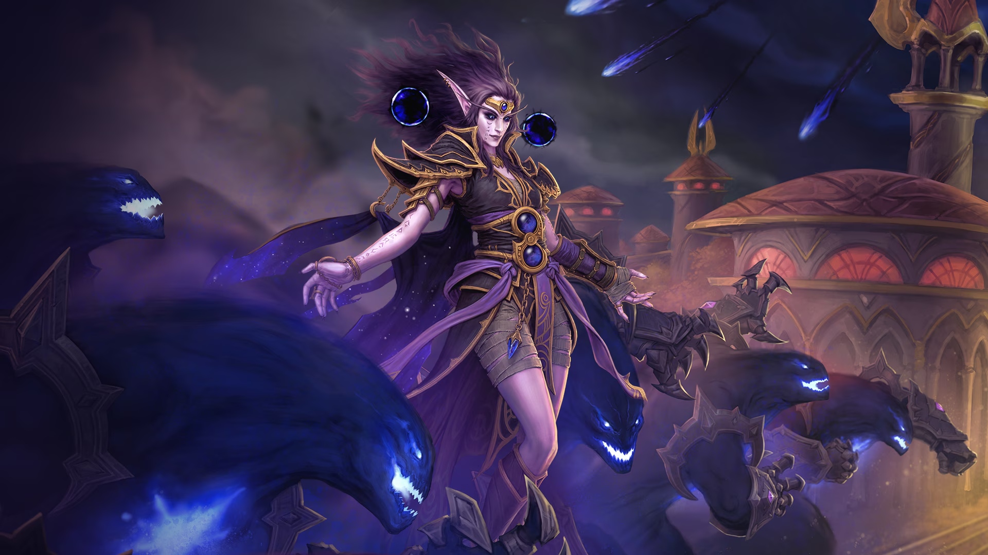 WoW: a sorceress floating in the air with beasts made of dark energy at her side