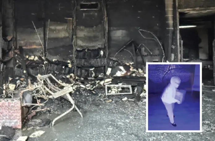 A charred room in the Beth Israel Congregation synagogue in Jackson, Mississippi, Jan. 10, 2026; at right, security video shows an arsonist pouring gasoline inside the buildings. (Beth Israel Congregation)