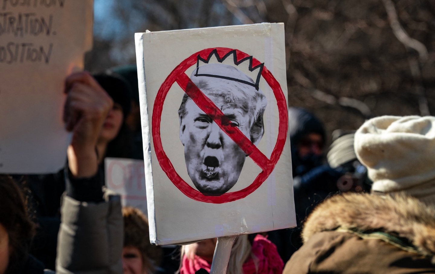 Demonstrators rally against President Donald Trump during a protest, dubbed “Resist the Dictator,” to mark President's Day on February 17, 2025, in New York City.