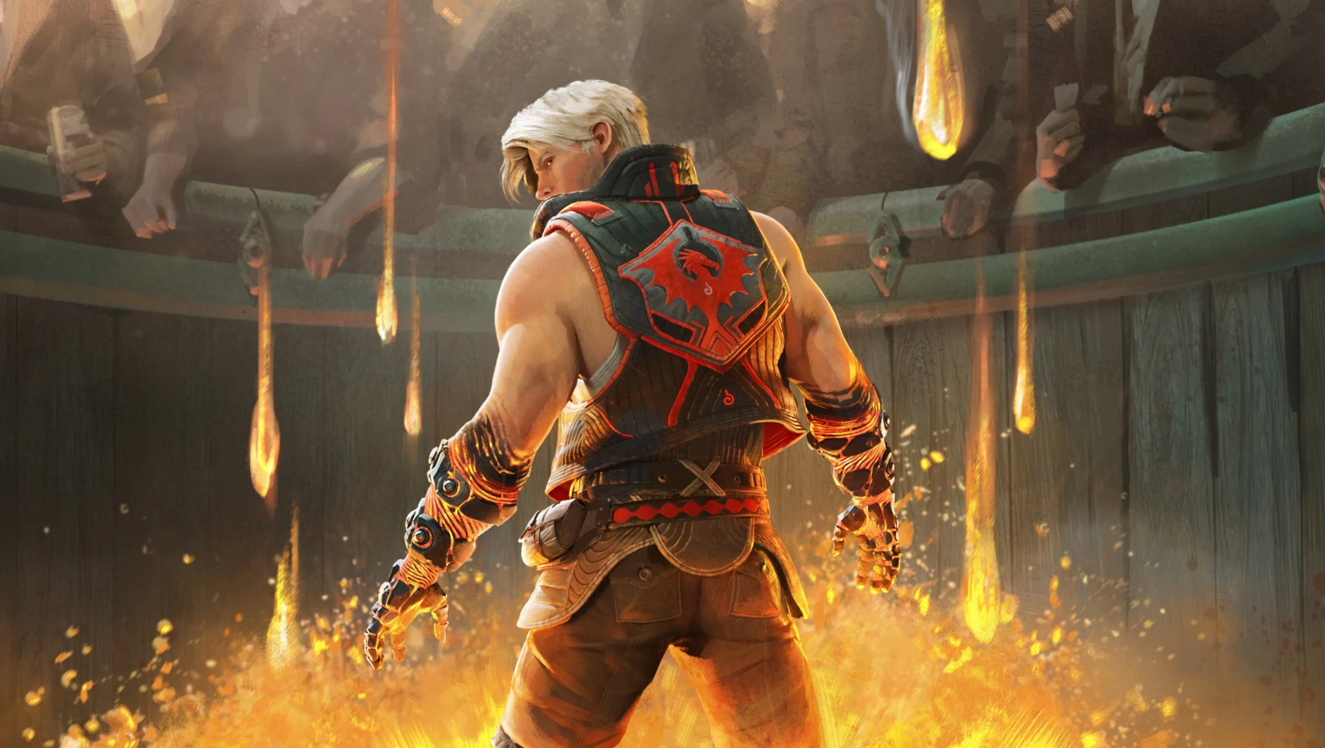 A man in an arena is surrounded by fire.