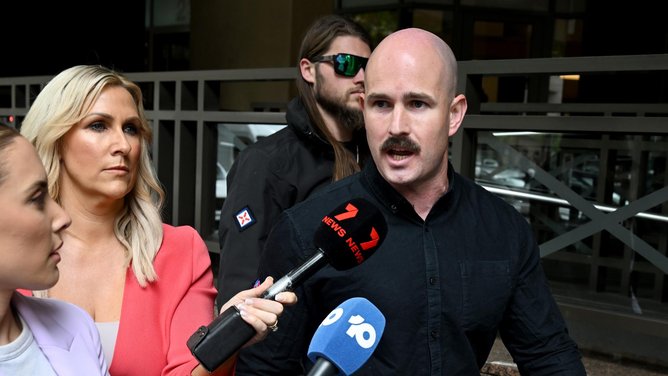 Neo-Nazi leader Thomas Sewell outside the Melbourne Magistrates Court after appearing on charges relating to the attack on the Indigenous Camp Sovereignty last year. Picture: NewsWire / Andrew Henshaw