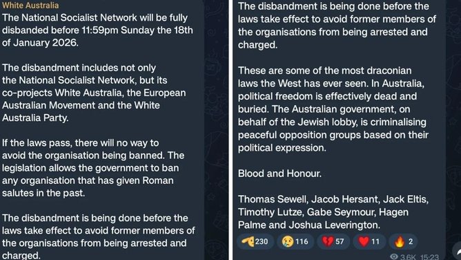 The National Socialist Network announced on Telegram that it would be fully disbanded by January 18, citing the Albanese government’s planned crackdown on extremist groups. Picture: Supplied