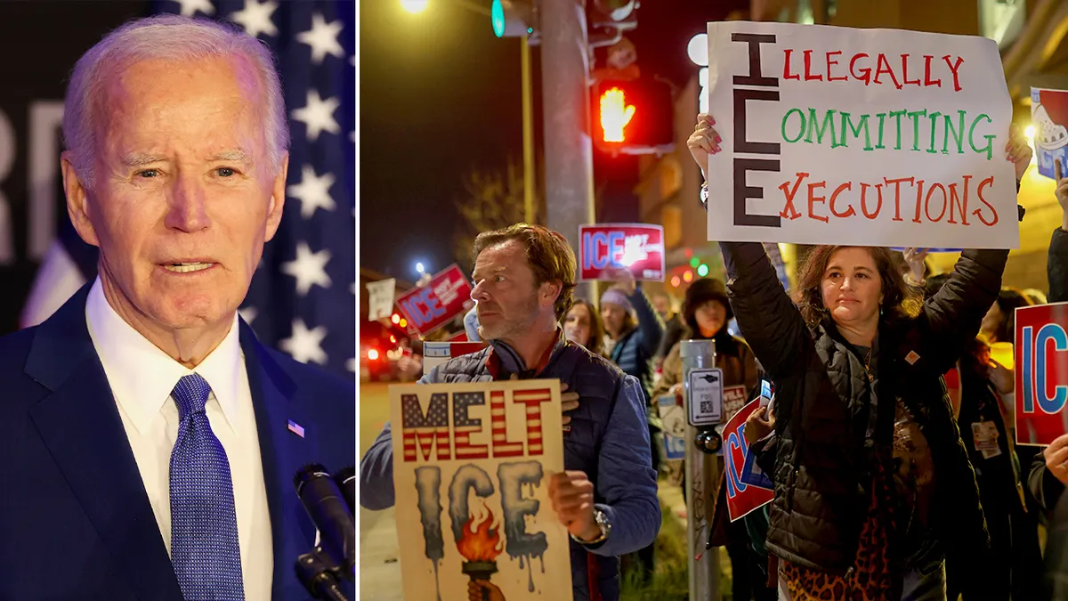Joe Biden shown next to an anti-ICE protest