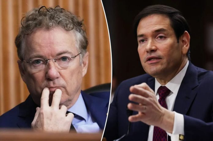 A collage of Sen. Rand Paul (R-KY) and Secretary of State Marco Rubio during Rubio's Senate Foreign Relations Committee hearing on the raid to capture former Venezuelan dictator Nicolas Maduro.