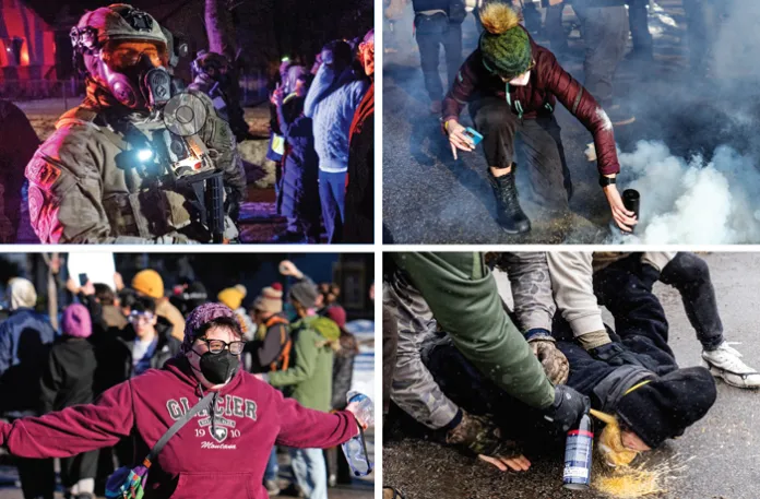 Anti-ICE protest scenes from Minneapolis, clockwise from top left: Federal law enforcement officers are confronted by protesters following a shooting, Jan. 15, 2026; a protester covers a tear gas canister deployed by ICE officers, Jan. 13, 2026; a protester is pinned to the ground by federal agents and a chemical irritant sprayed into his face, Jan. 21, 2026; and a protester stands in front of an ICE vehicle near where protester Renee Good was fatally shot by an ICE officer, Jan. 13, 2026. (Clockwise from top left: Victor J. Blue/Bloomberg/Getty; John Locher/AP; Richard Tsong-Taatarii/Minnesota Star Tribune/Getty; John Locher/AP)