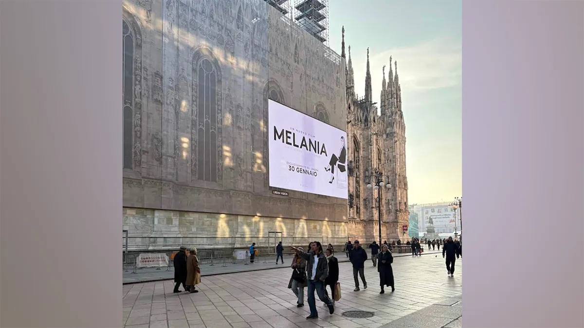 The ad campaign for 'MELANIA' the movie on the side of the Duomo in Florence, Italy. 