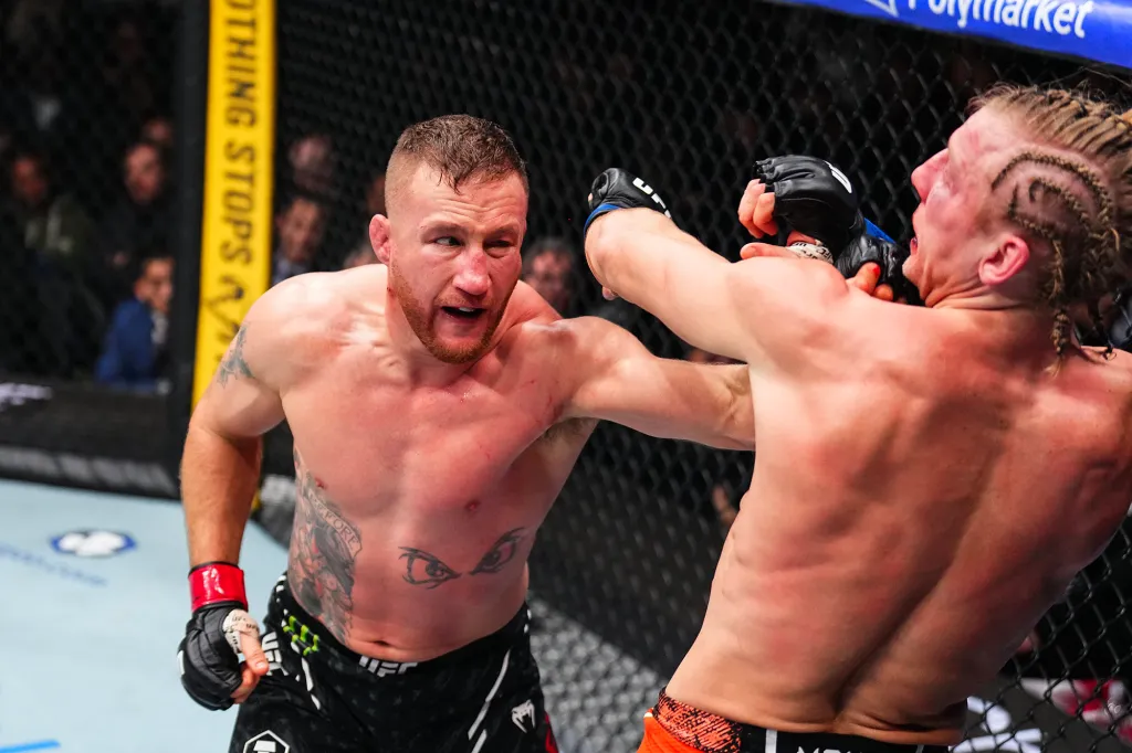 Justin Gaethje punches Paddy Pimblett in the UFC lightweight interim championship bout during UFC 324 at T-Mobile Arena on Jan. 24, 2026, in Las Vegas