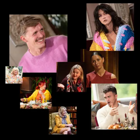 BBC Cast of The Traitors in various outfits including, knitwear and bold colours