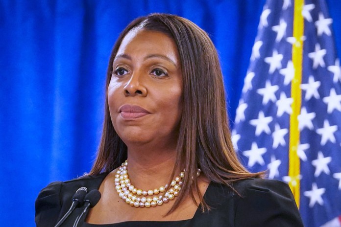 New York Attorney General Letitia James speaks during a press briefing.