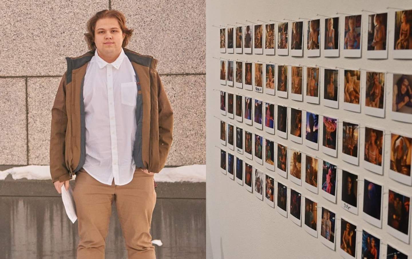 Left: Graham Granger after his arraignment outside the court building. Right: The art exhibit, made with the help of AI, by Nick Dwyer.