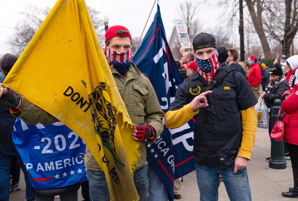 Members of the Proud Boys near the U.S. Supreme Court, Jan. 5, 2021. (Robert Nickelsberg/Getty Images)