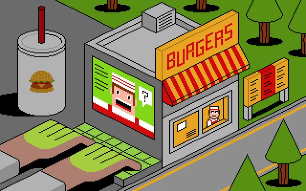 Pixel art of a fast-food restaurant with a drive-thru, burger, cup, and trees.