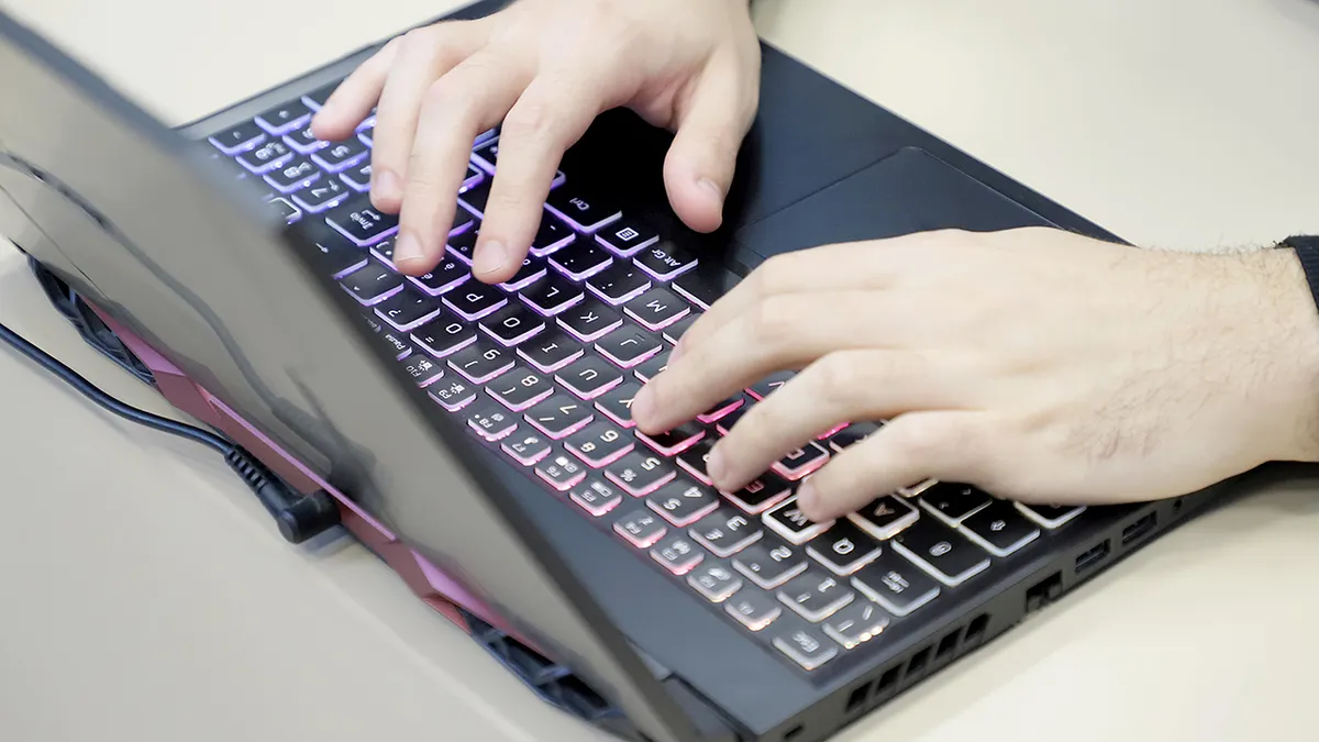 Person typing on their laptop.