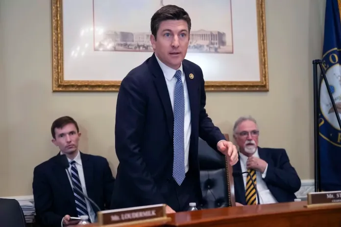 Bryan Steil (R-WI), chairman of the House Administration Committee, arrives for a hearing about noncitizen voting on Capitol Hill, Thursday, May 16, 2024 in Washington. In recent months, the specter of noncitizens voting in the U.S. has erupted into a leading rallying cry for Republicans.