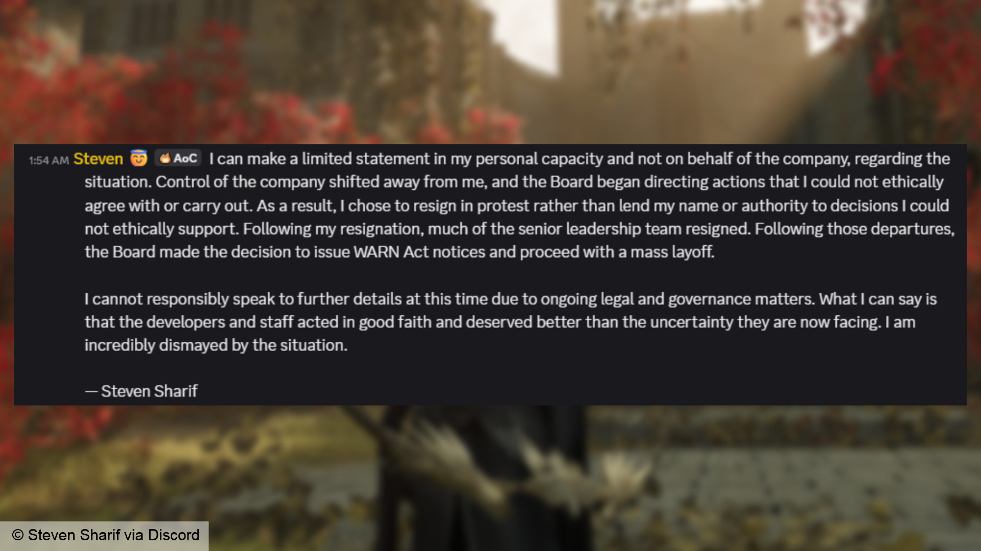 Statement shared to Discord by Ashes of Creation director Steven Sharif: 