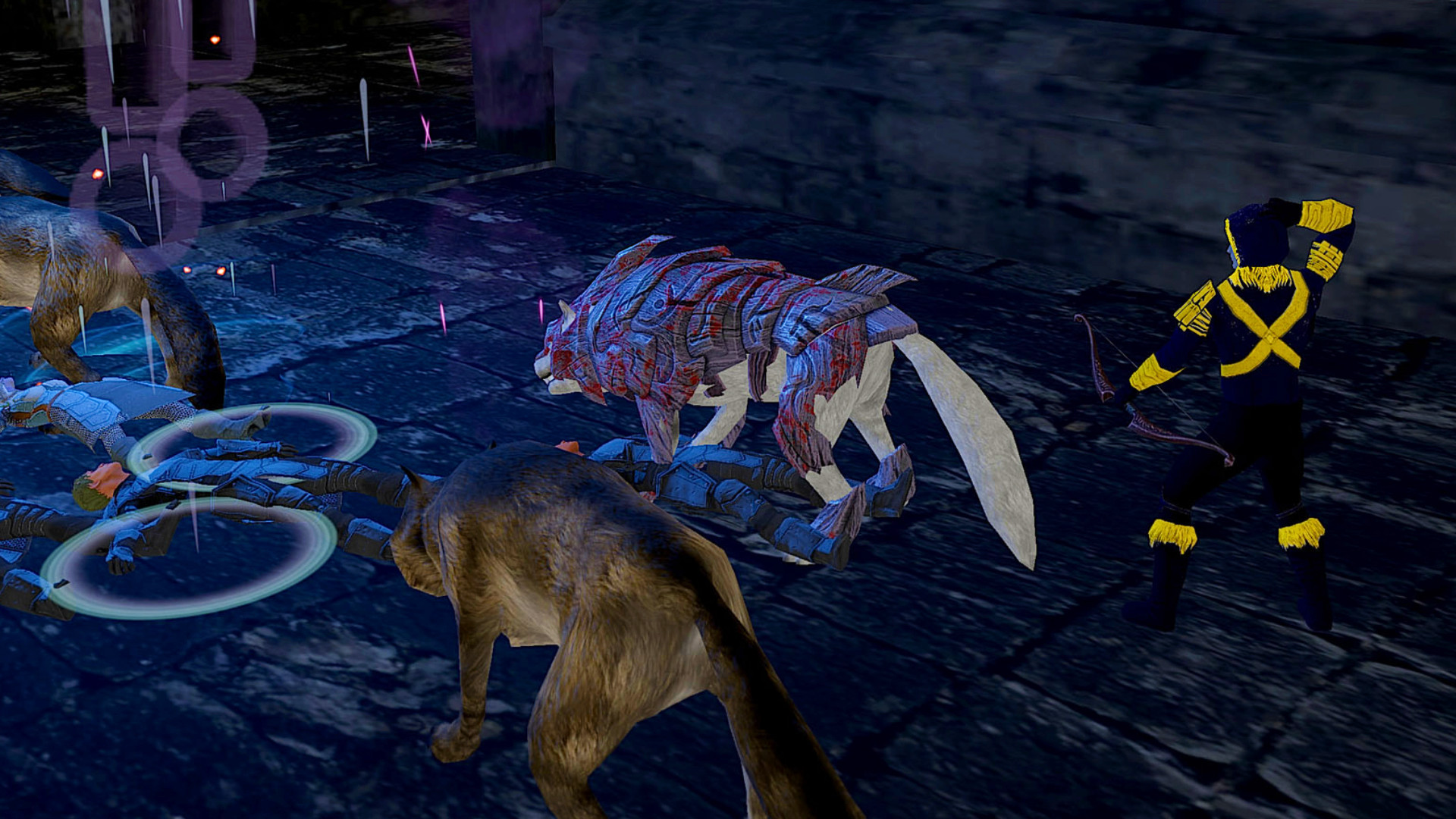 Project Gorgon - A pack of wolves including one in armor.