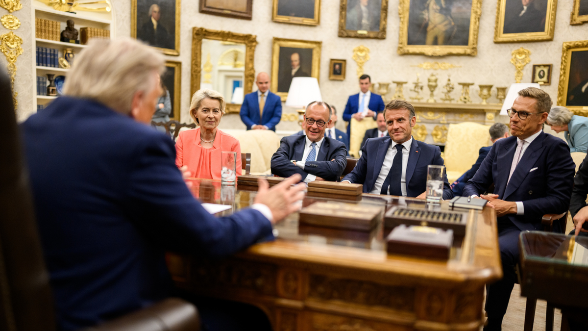 President Donald Trump speaks to European leaders in the Oval Office