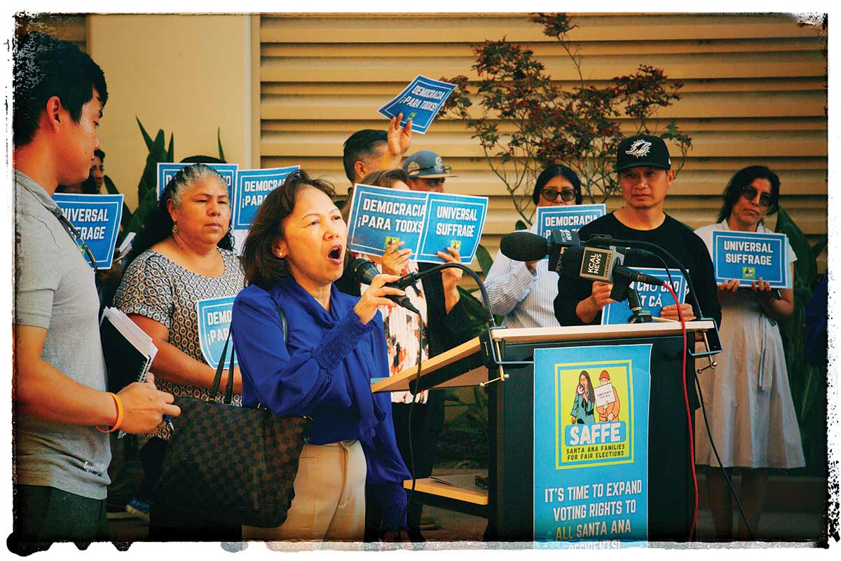 Members of Santa Ana Families for Fair Elections at an event launching a campaign to expand local noncitizen voting in September 2023.